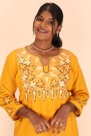 Yellow Sozni Embroidered Tussar Cotton Kurta 10066286