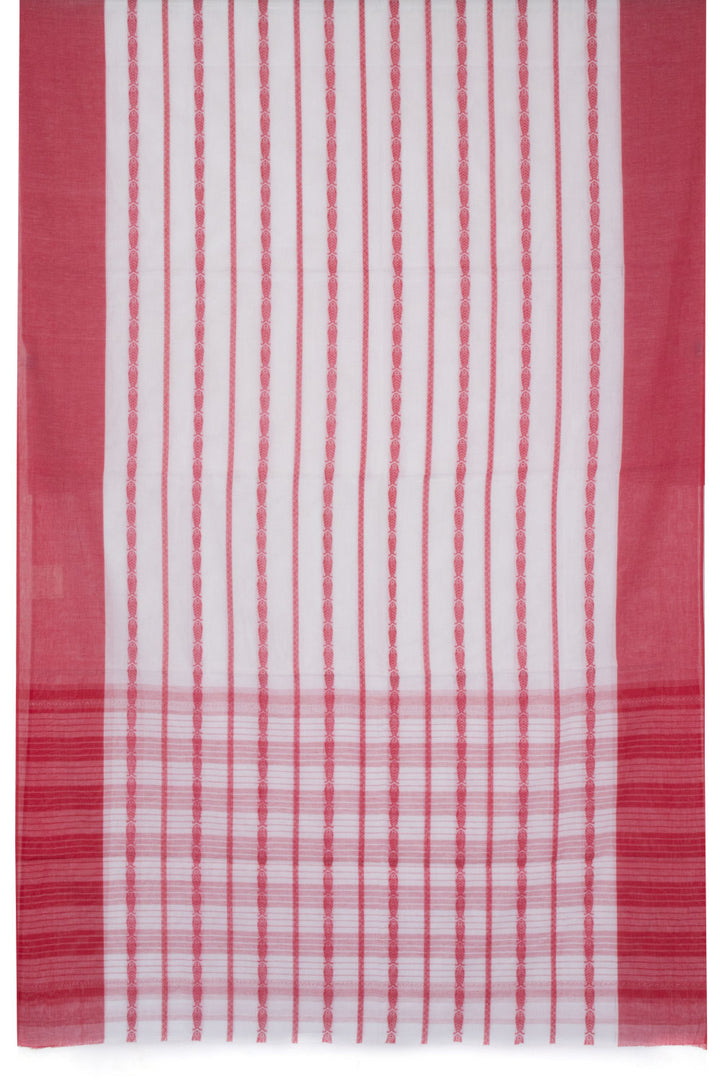 White with Red Handloom Dhaniakhali Cotton Saree - 10063549