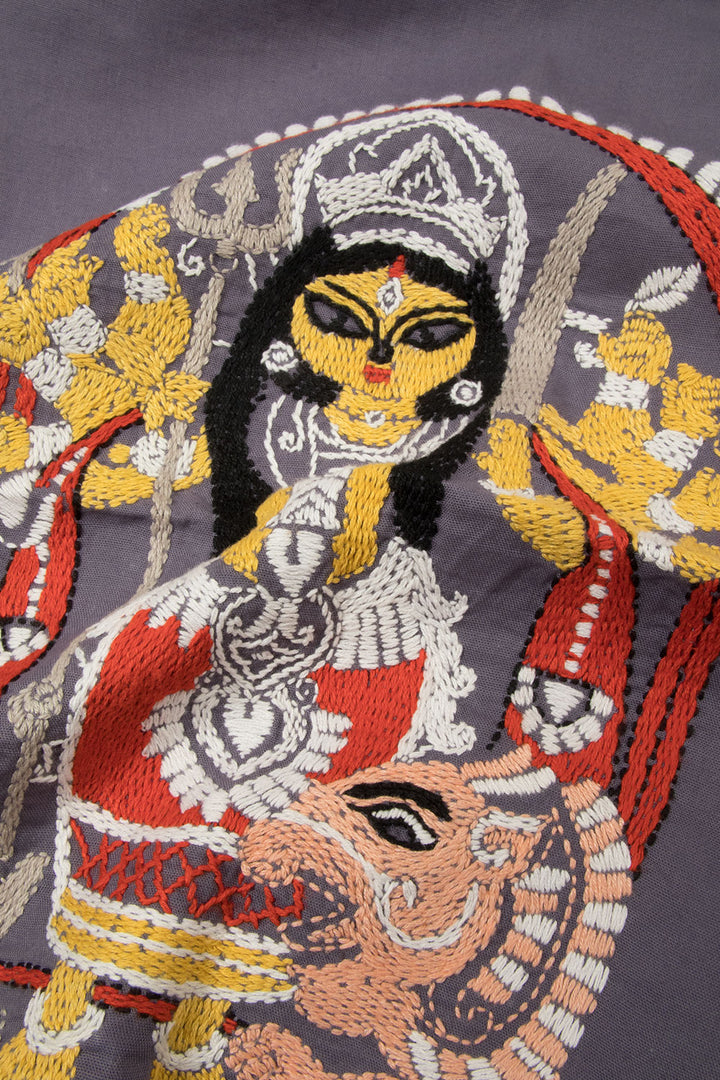 Grey Kantha Embroidered Silk Cotton Blouse Material - Avishya