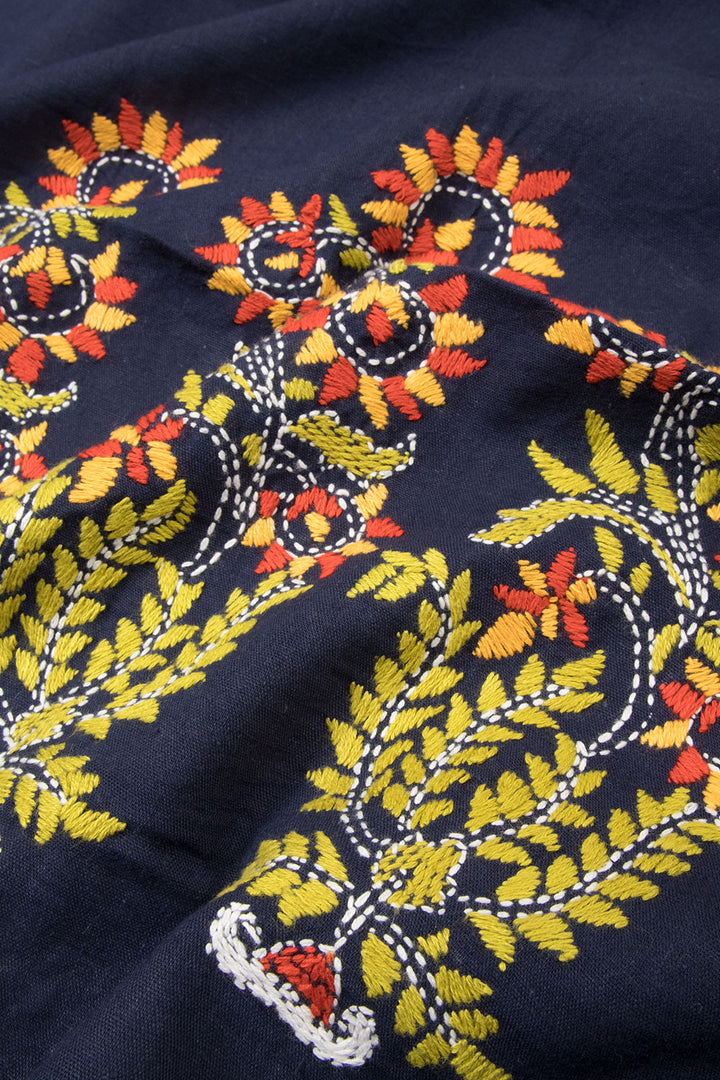 Navy Blue Kantha Embroidered Silk Cotton Blouse Material
