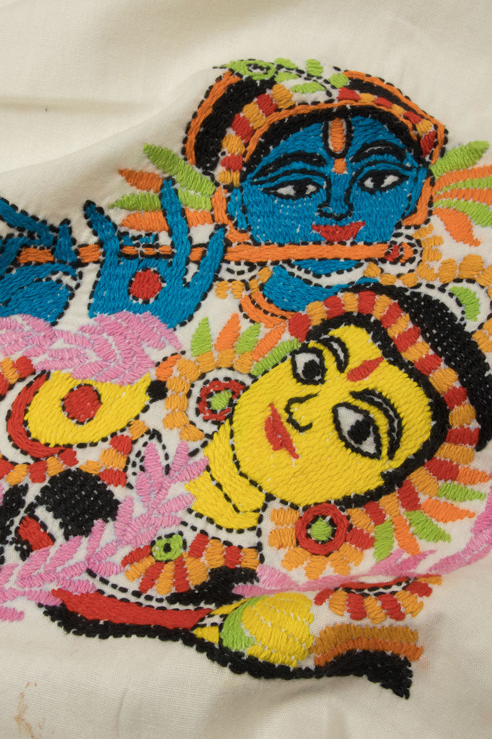 White Kantha Embroidered Silk Cotton Blouse Material - Avishya
