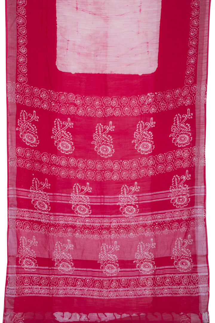 Pink with Off White Batik Printed Linen Cotton Saree - 10063862