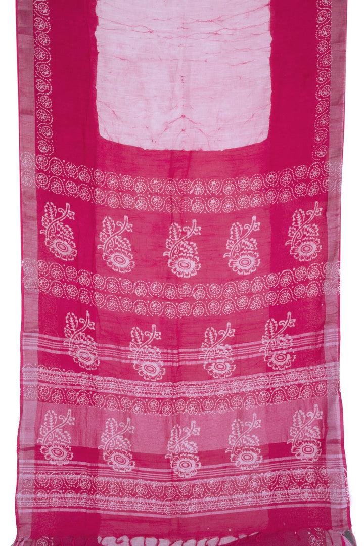 Pink with Off White Batik Printed Linen Cotton Saree - 10063863