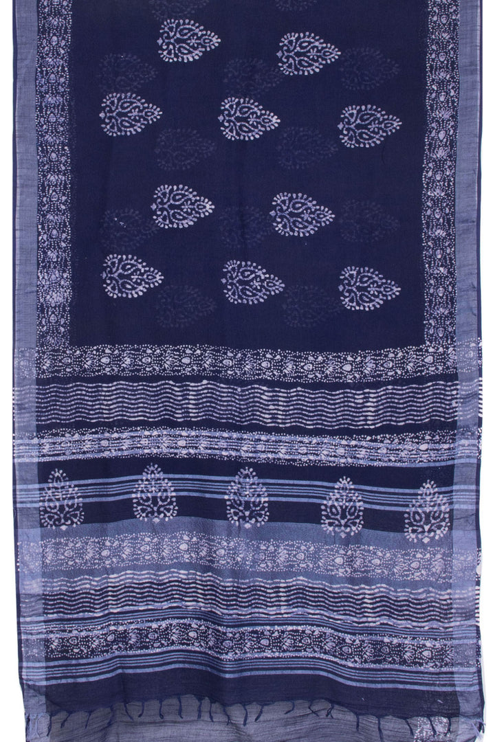 Dark Blue Batik Printed Linen Cotton Saree - 10063864