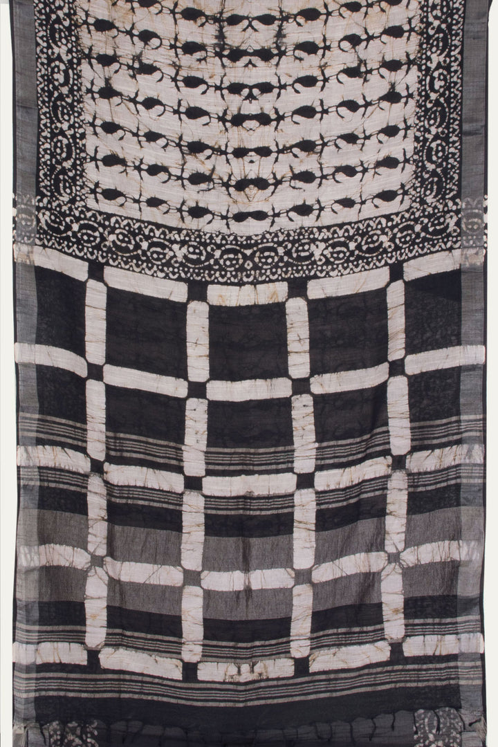 Black with Off White Batik Printed Linen Cotton Saree - 10063867