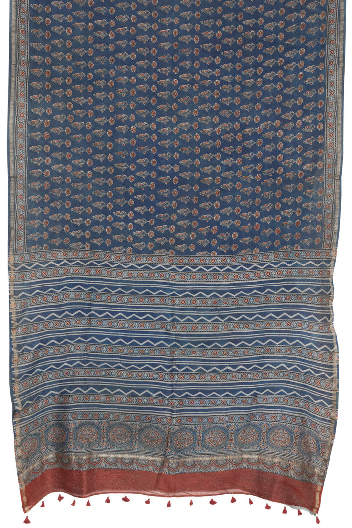 Indigo Blue Ajrakh Printed Silk Cotton Saree 10063916