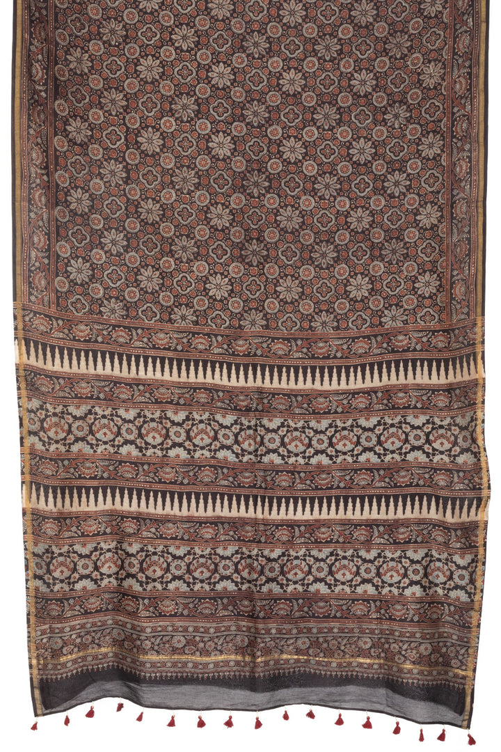 Coffee Brown Ajrakh Printed Silk Cotton Saree - Avishya