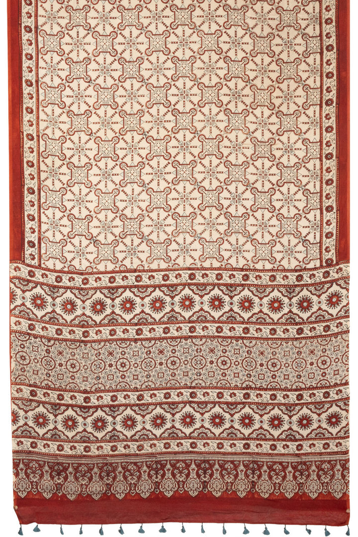 Off White Handloom Ajrakh Modal Silk Saree - Avishya