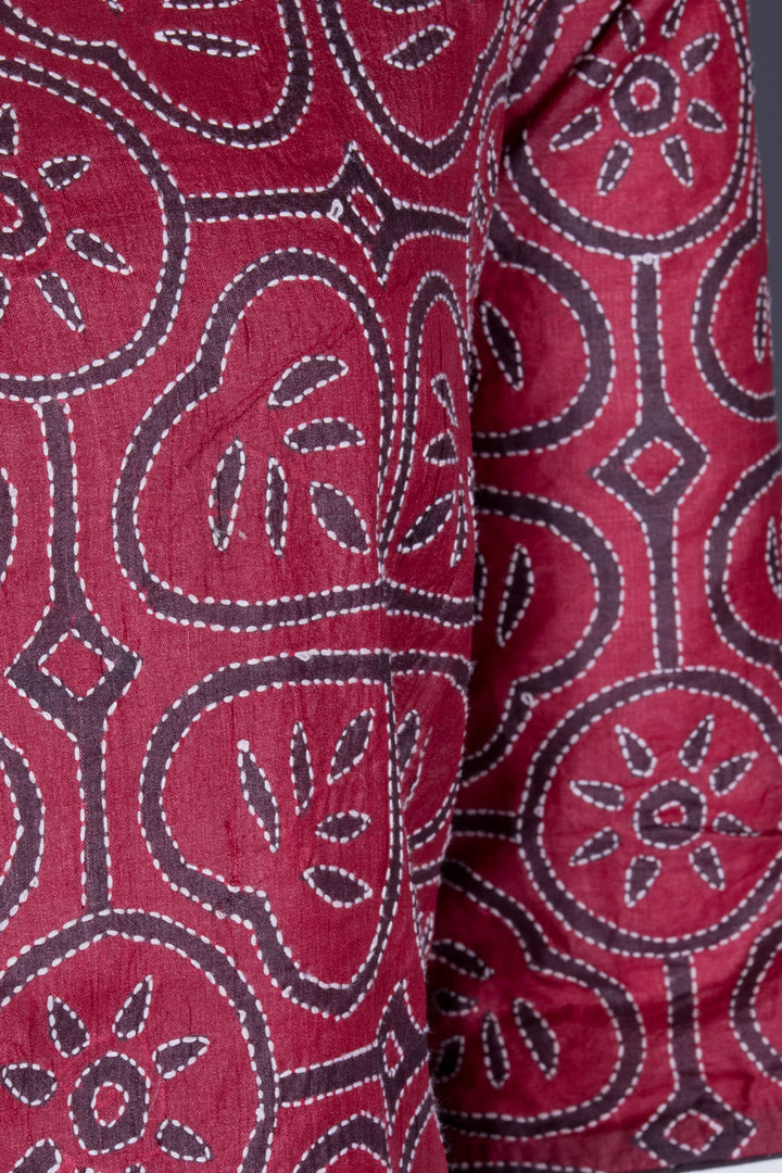 Maroon Kantha Embroidered Tussar Silk Kurta - Avishya