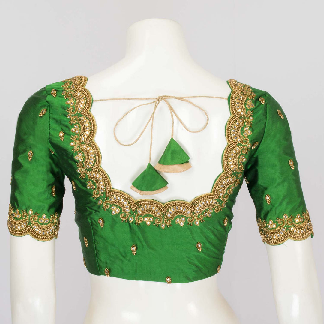 Dark Green Aari Embroidered Raw Silk Blouse - Avishya