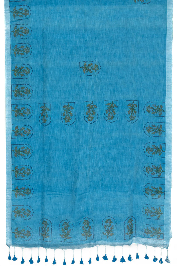 Blue Printed Linen Saree 10064476