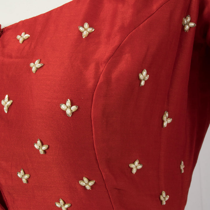 Red Bead Embroidered Chanderi Silk Cotton Blouse - Avishya