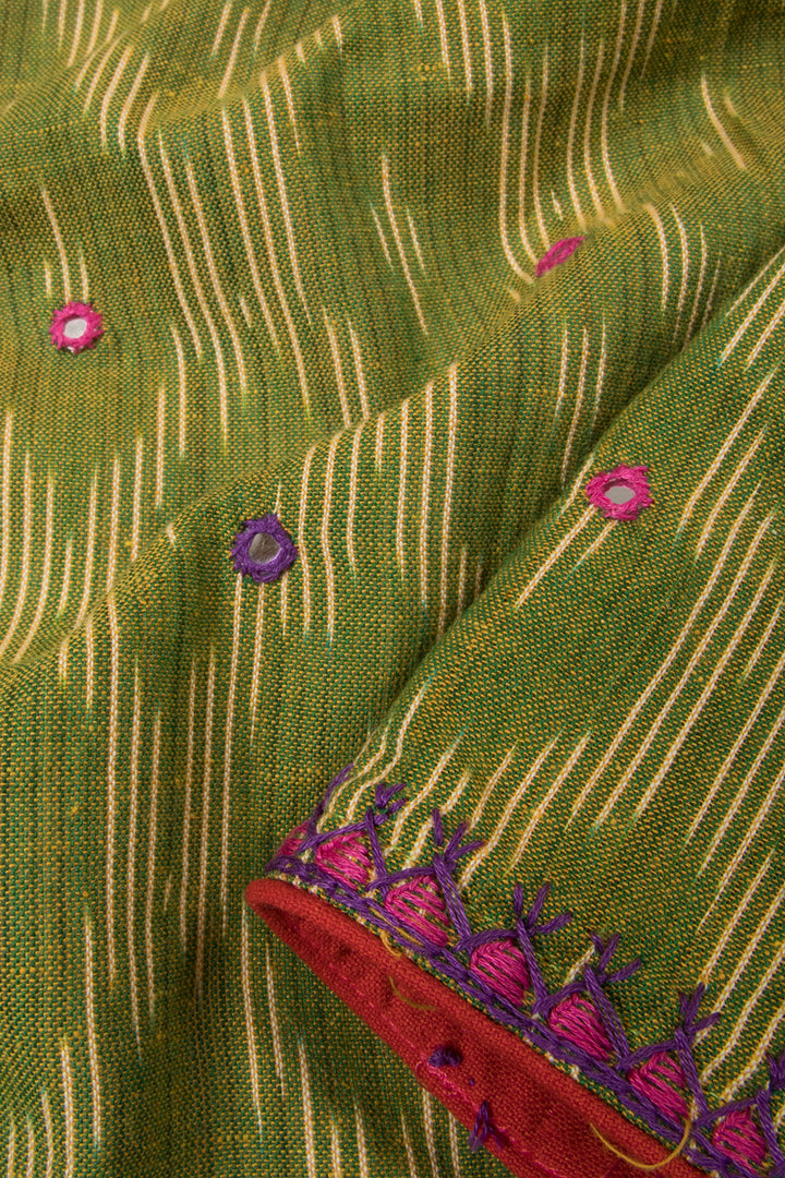 Green Ikat Embroidered  Cotton Blouse Material - Avishya