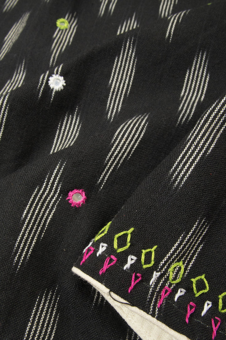 Black Ikat Embroidered Pure Cotton Blouse Material - Avishya