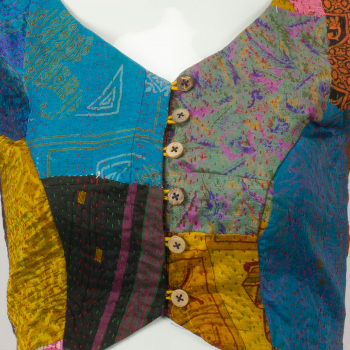 Multi Colour Kantha Embroidered Patchwork Silk Cotton Blouse 10066501
