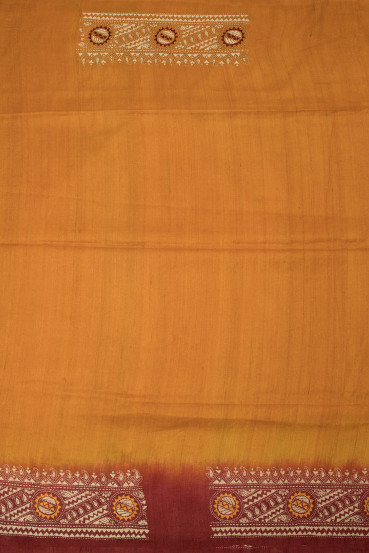 Mustard Brown Kantha Embroidered Tussar Silk Saree - Avishya