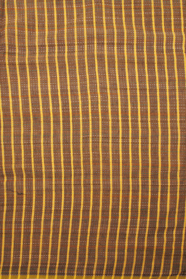Brown Kantha Embroidered Cotton Saree 