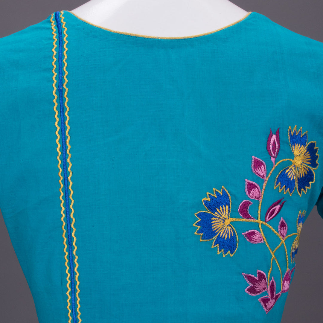 Blue Hand Embroidered Silk cotton Blouse - Avishya