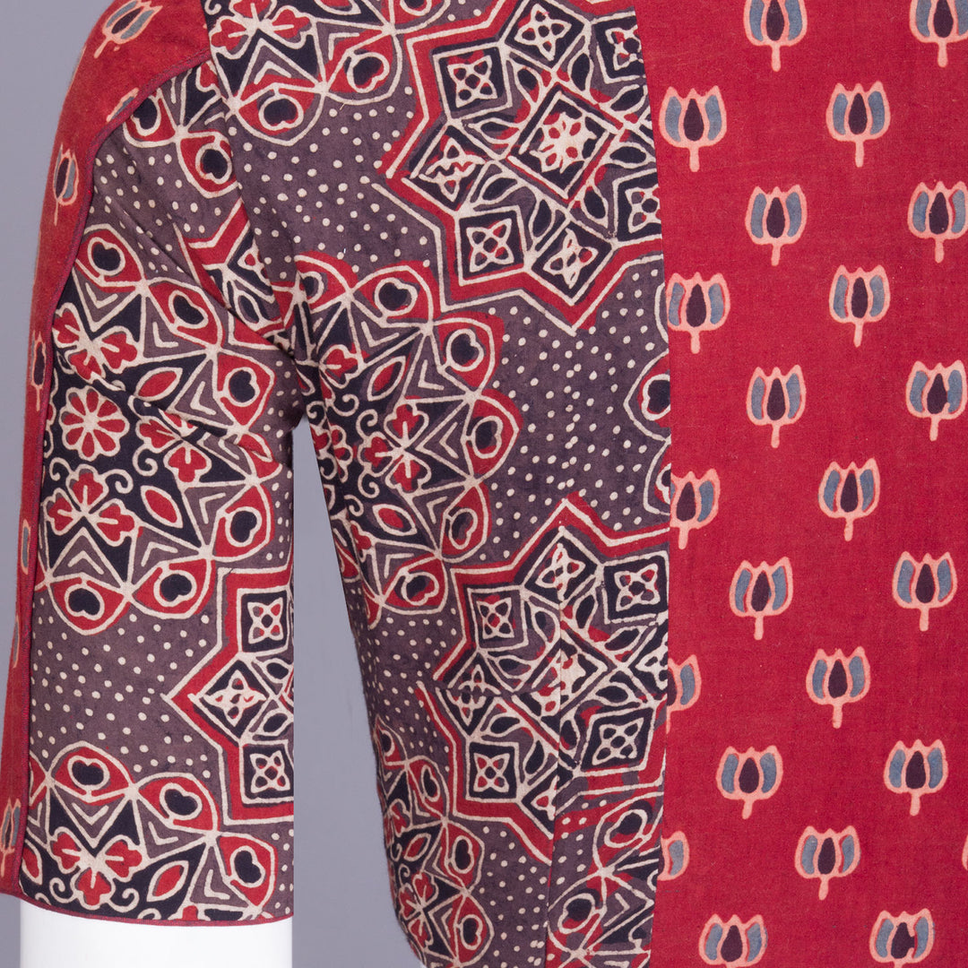 Red Ajrakh Printed Patchwork Cotton Blouse - Avishya