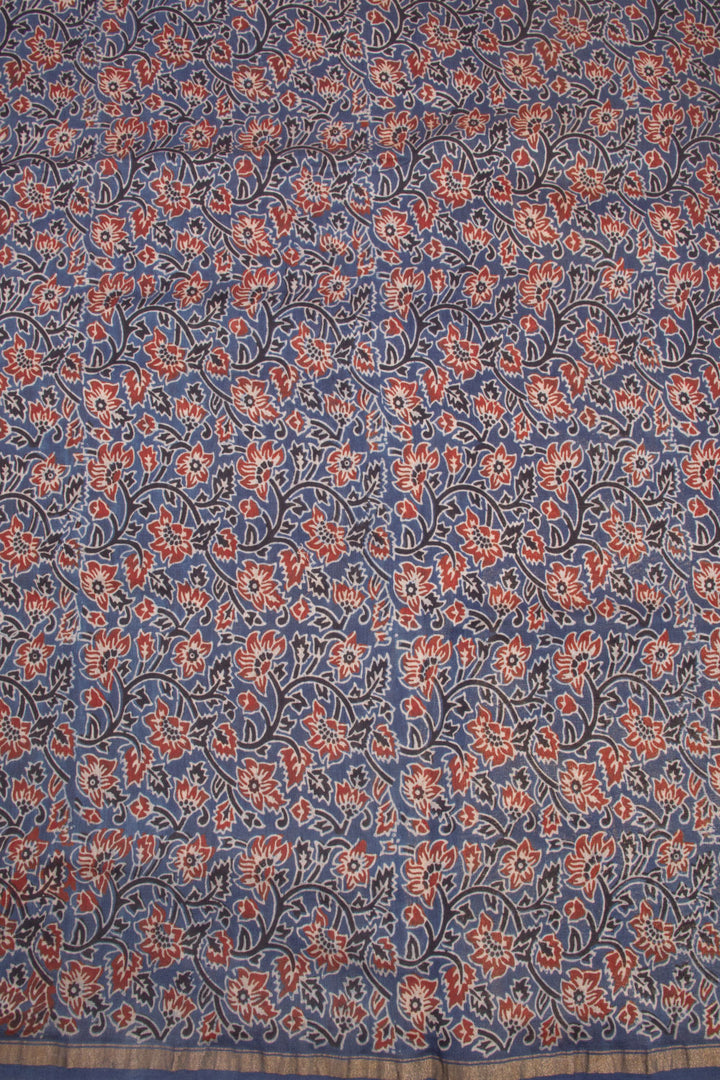 Black Ajrakh Printed Silk Cotton Saree With Lagdi Patta Zari Pallu 10068337