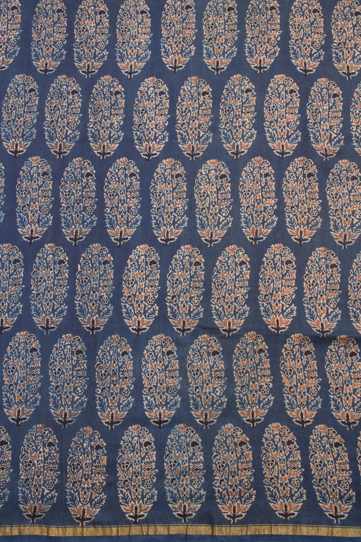  Blue Ajrakh Printed Silk Cotton Saree - Avishya