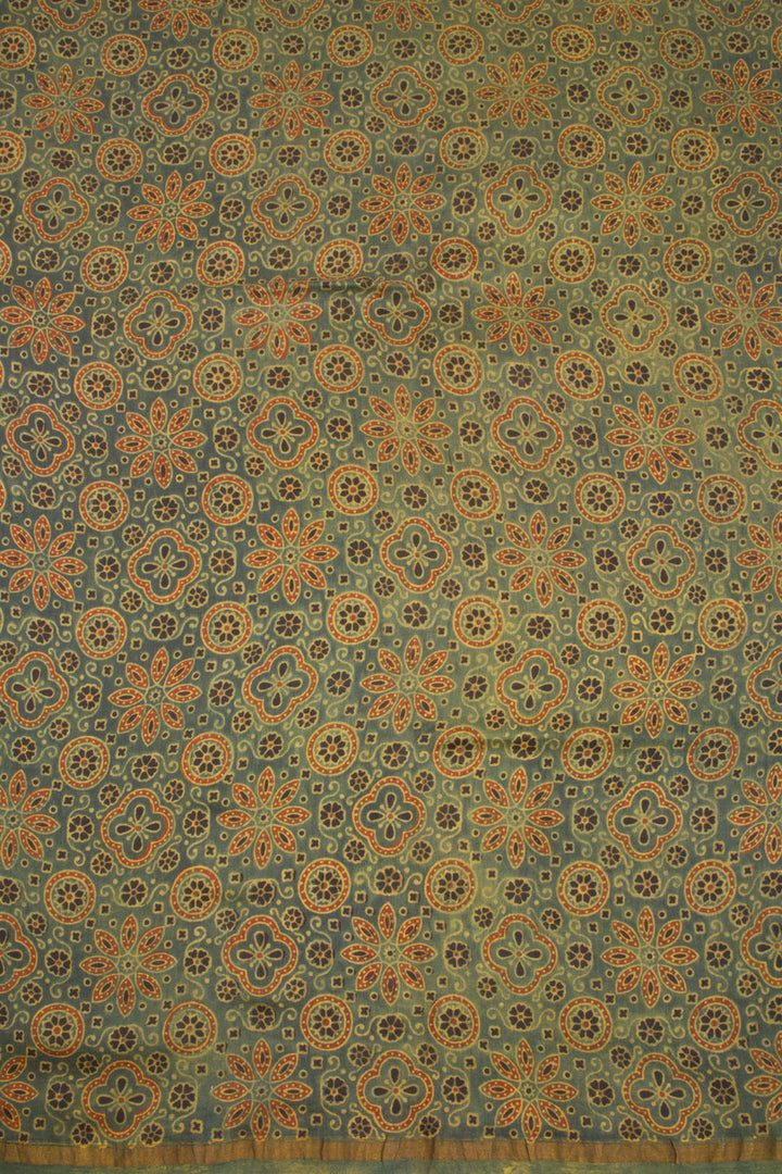 Green Ajrakh Printed Silk Cotton Saree 10068353