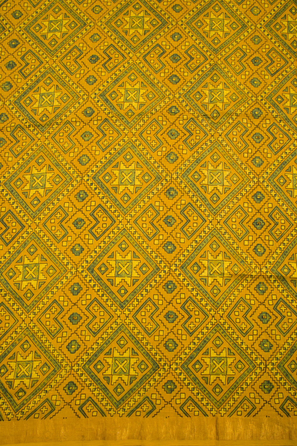 Yellow Ajrakh Printed Silk Cotton Saree -Avishhya