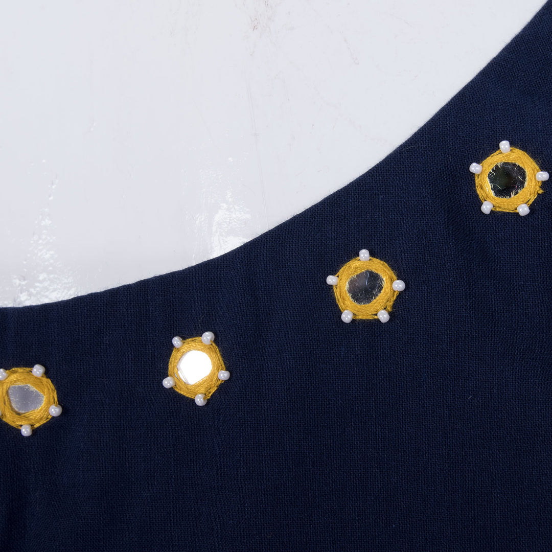 Blue Hand Embroidered Mirror Work Chanderi Silk Cotton Blouse - Avishya