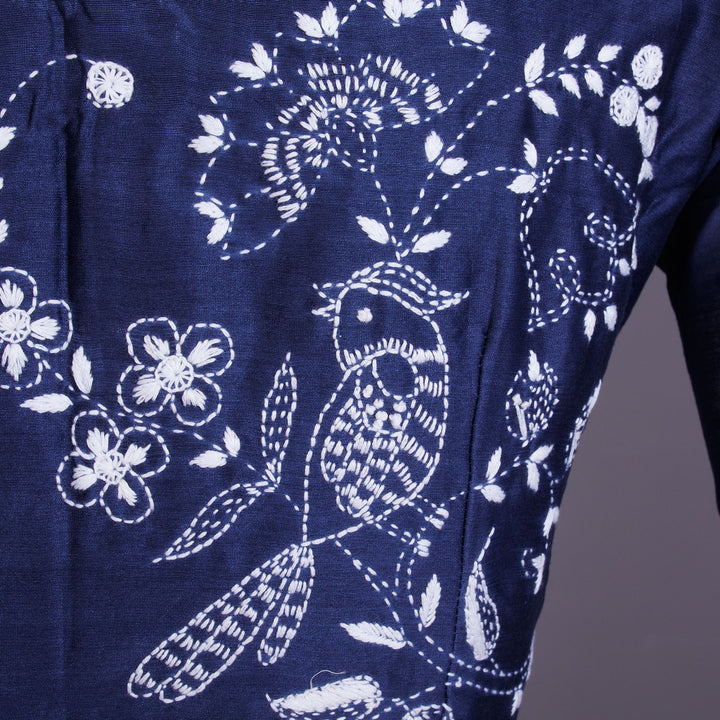 Blue Hand Embroidered Chanderi Silk Cotton Blouse - Avishya