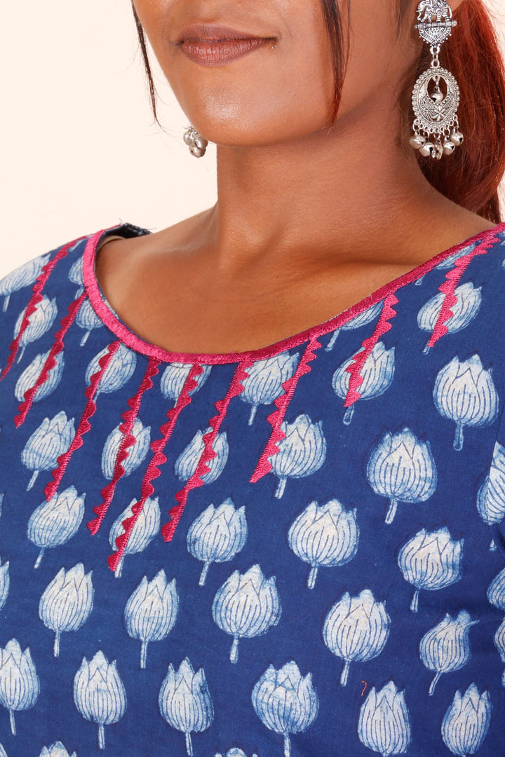Indigo Dyed & Embroidered Dabu Printed Cotton Kurta 10068990 - Avishya