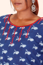 Indigo Dyed & Embroidered Dabu Printed Cotton Kurta 10068995 - Avishya