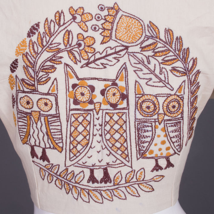 Beige Kantha Embroidered Cotton Blouse 10069529 - Avishya