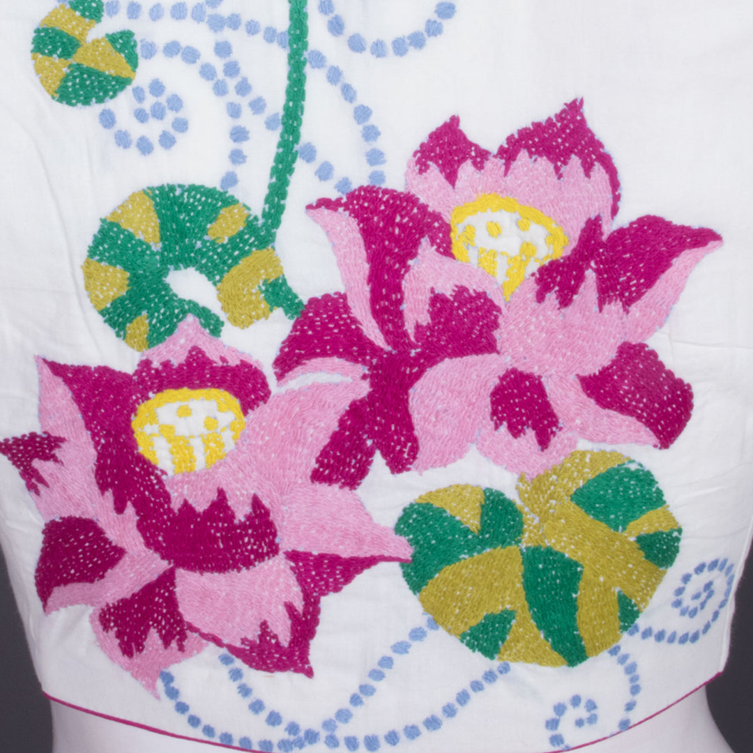White Kantha Embroidered Cotton Blouse 10069530 - Avishya