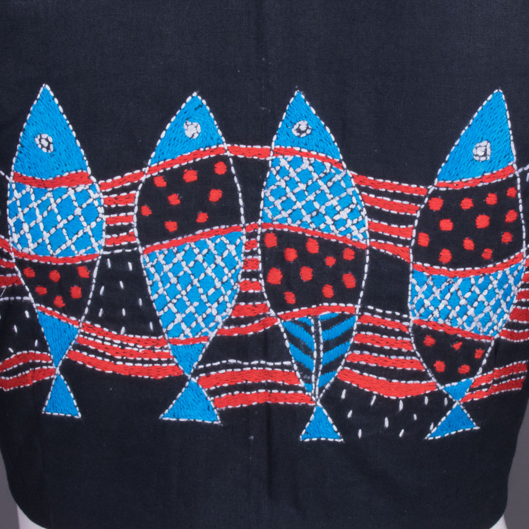 Black Kantha Embroidered Cotton Blouse 10069537 - Avishya