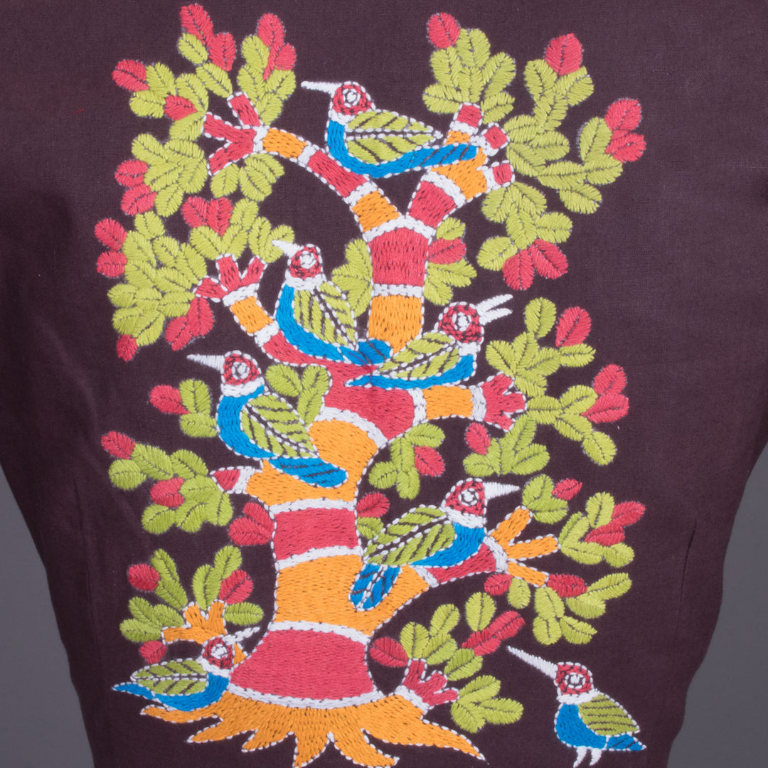 Brown Kantha Embroidered Cotton Blouse 10069549 - Avishya