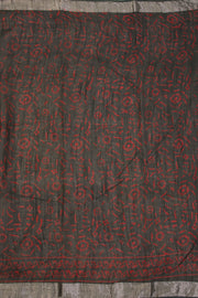 Dark Green Hand Block Printed linen saree