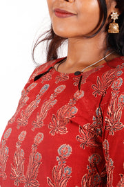 Spanish Red Ajrakh Printed Cotton Kurti 10072055