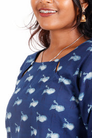 Indigo Crane Motif Hand Block Printed Cotton Kurti 10072060