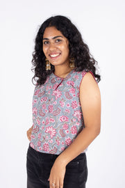 Blue Hand Block Printed Cotton Crop Top 10074296