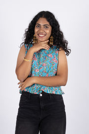 Blue Hand Block Printed Cotton Crop Top 10074298