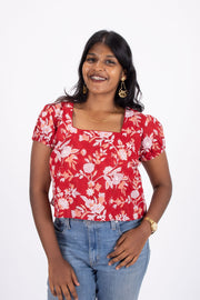 Red Hand Block Printed Cotton Crop Top 10074302