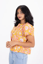 Yellow Hand Block Printed Cotton Crop Top 10074303