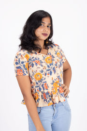 Beige Hand Block Printed Cotton Crop Top 10074306