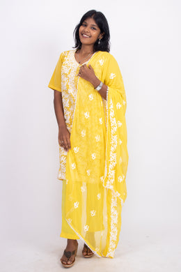 Yellow Chikankari Embroidery Viscose Silk Co- ord Set 10076190