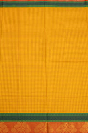 Golden Yellow Handloom Kanchi Cotton Saree with Checks And Peacock Border 10076459