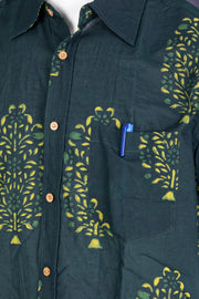 Green Indigo Handblock Print Cotton Mens Half Sleeve Shirt 10076846