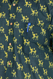 Green Indigo Handblock Print Cotton Mens Half Sleeve Shirt 10076847