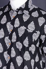 Black Half Sleeve Hand Block Printed Cotton Mens Shirt 10077080