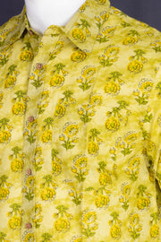 Lime Green Half Sleeve Hand Block Printed Cotton Mens Shirt 10077082