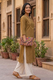 Mustard Brown Handcrafted Solid Style Embroidered Cotton Kurta 10077409
